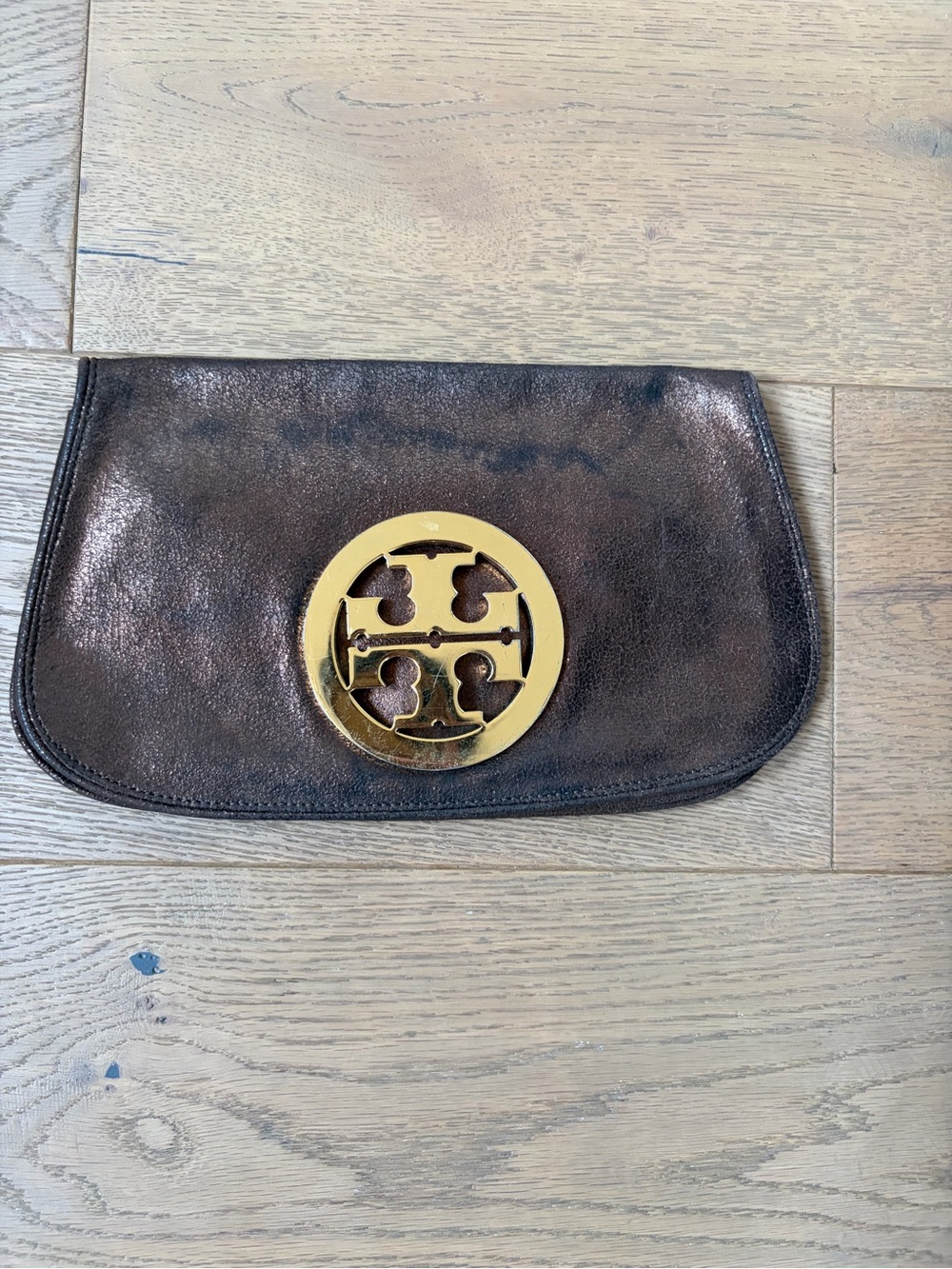 Tory Burch Bronze Metallic Leather Flap Clutch with Gold Logo